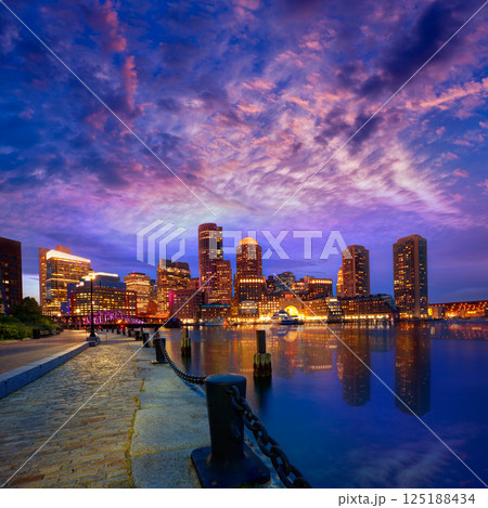 Boston sunset skyline at Fan Pier Massachusetts Boston sunset skyline at Fan Pier Massachusetts 125188434