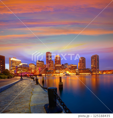 Boston sunset skyline at Fan Pier Massachusetts Boston sunset skyline at Fan Pier Massachusetts 125188435