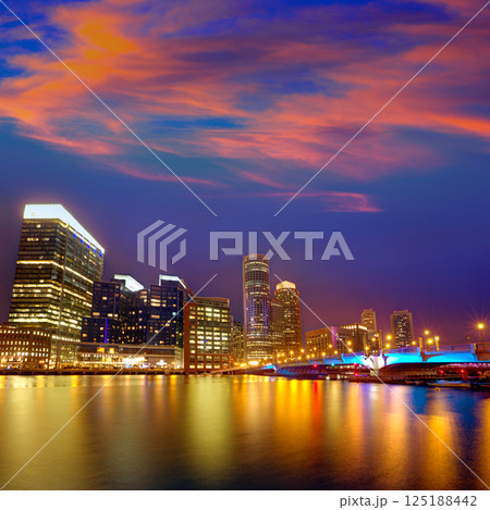 Boston sunset skyline at Fan Pier Massachusetts 125188442