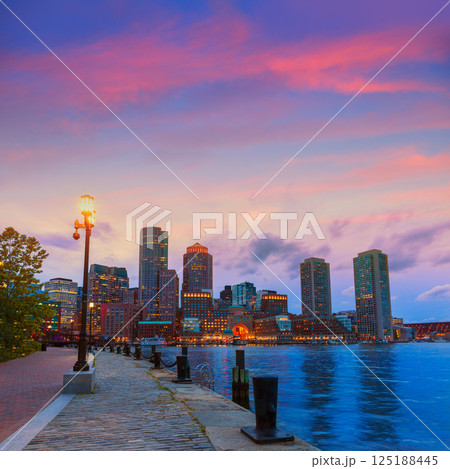 Boston sunset skyline at Fan Pier Massachusetts 125188445