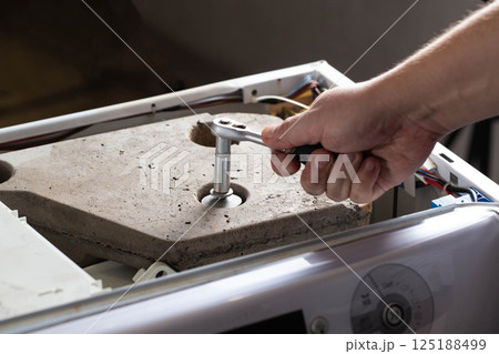 A washing machine repairman tightens the counterweight in the washing machine due to noise and vibration. Copy space for text 125188499