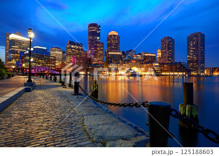 Boston sunset skyline at Fan Pier Massachusetts 125188603