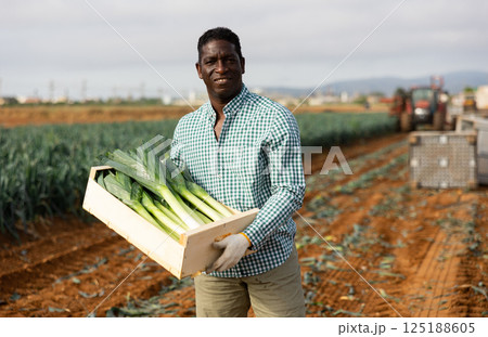Smiling african american farmer standing on field with crate of harvested leek 125188605