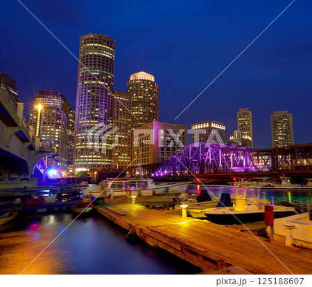Boston sunset skyline at Fan Pier Massachusetts 125188607