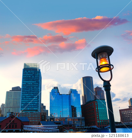 Boston sunset skyline at Fan Pier Massachusetts Boston sunset skyline at Fan Pier Massachusetts 125188613