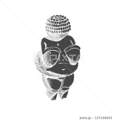 Hand drawn paleolithic figurine of Venus of Willendorf. Symbol of fertility, motherhood. For historical, archaeological, anthropological projects. Vector illustration in vintage engraving style. 125188693