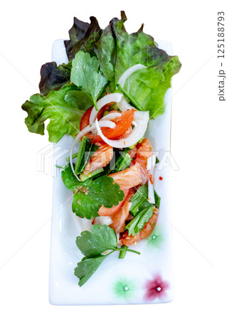 Top view of Fresh salad salmon slice with cucumber, focus selective Top view of Fresh salad salmon slice with cucumber, focus selective 125188793