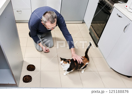 Stroking Calico cat with gentle hand older white man kneels on tiled kitchen floor near bowls filled with food during quiet domestic moment. 125188876