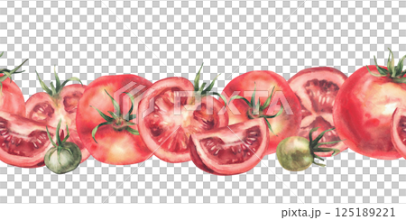 Red tomatoes watercolor seamless border. Realistic painted vegetables illustration. Whole and sliced red and green fruit with stalk. Horizontal repeating patter. Isolated from background food clipart. Red tomatoes watercolor seamless border. Realistic painted vegetables illustration. Whole and sliced red and green fruit with stalk. Horizontal repeating patter. Isolated from background food clipart. 125189221