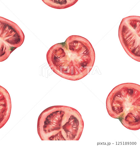 Red tomato seamless pattern. Whole, half, quartered sliced ripe fruit. Vegetables watercolor illustration isolated from background. Hand drawn in realistic style for fabric, wallpaper, food packing. 125189300