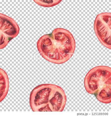 Red tomato seamless pattern. Whole, half, quartered sliced ripe fruit. Vegetables watercolor illustration isolated from background. Hand drawn in realistic style for fabric, wallpaper, food packing. 125189300