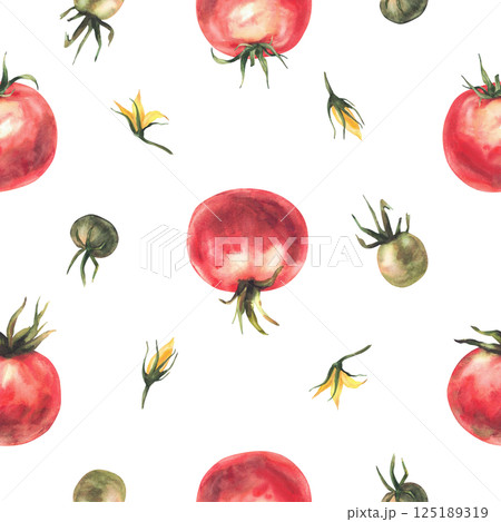 Tomato red and green fruit with yellow flowers seamless pattern. Watercolor vegetables harvest, ripe and unripe plant crop realistic painted illustration isolated from background for wallpaper, fabric Tomato red and green fruit with yellow flowers seamless pattern. Watercolor vegetables harvest, ripe and unripe plant crop realistic painted illustration isolated from background for wallpaper, fabric 125189319