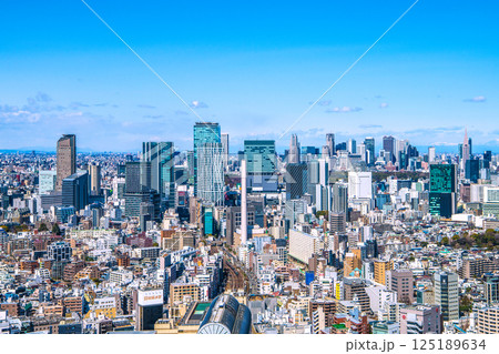 日本の東京都市景観 山々が見える珍景。渋谷のビル群や電車などを望む 125189634