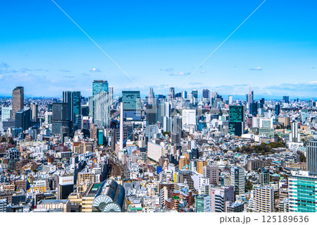 日本の東京都市景観 山々が見える珍景。渋谷のビル群や電車などを望む 日本の東京都市景観 山々が見える珍景。渋谷のビル群や電車などを望む 125189636