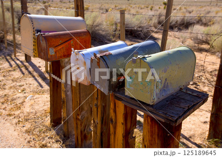 Mailboxes aged vintage in west California desert 125189645