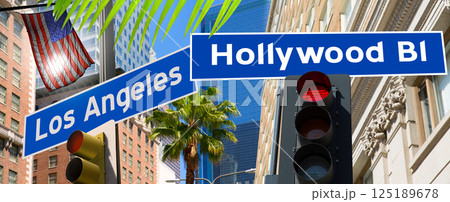 Hollywood Los angeles redlight signs on California photo-mount 125189678