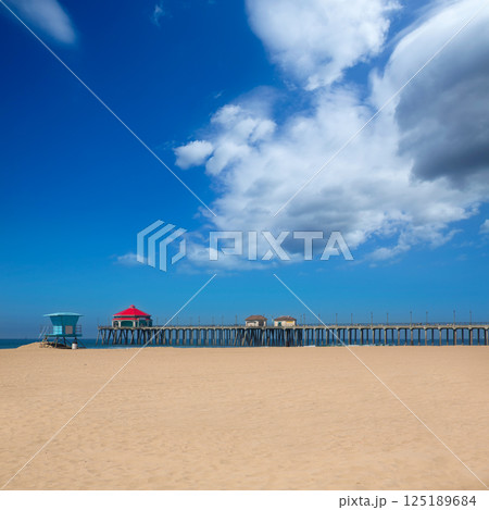 Huntington beach Pier Surf City USA with lifeguard tower 125189684