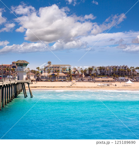 Huntington beach Surf City USA pier with lifeguard tower 125189690
