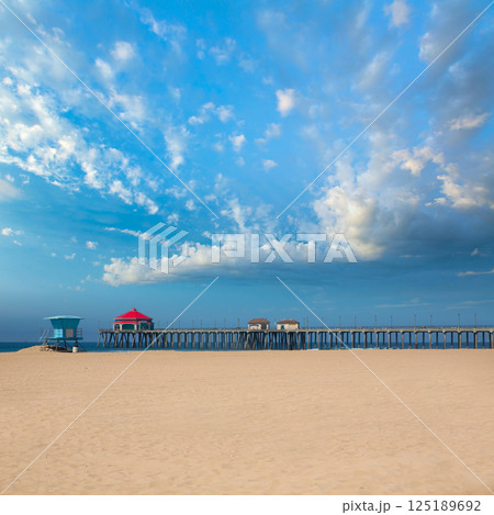 Huntington beach Pier Surf City USA with lifeguard tower 125189692