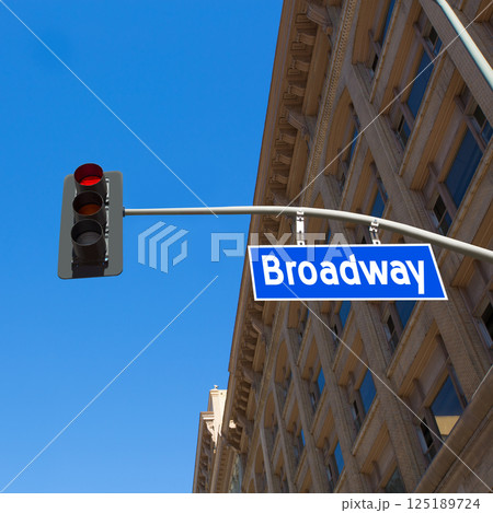 Broadway street Los Angeles Road sign in redlight 125189724