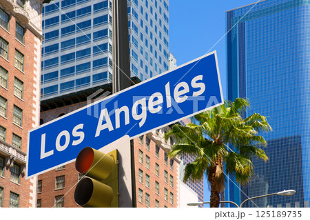 LA Los Angeles sign in redlight photo mount on downtown 125189735