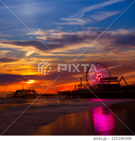 Santa Monica California sunset on Pier Ferrys wheel Santa Monica California sunset on Pier Ferrys wheel 125190306