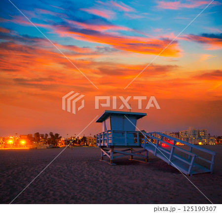 Santa Monica California sunset lifeguard tower 125190307