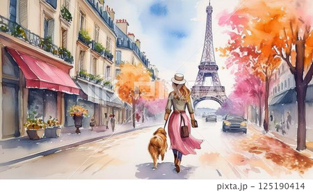 パリで犬の散歩をする女性の水彩画 125190414