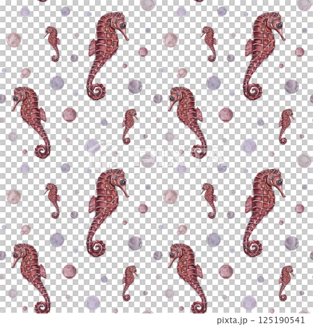 Hand painted seahorse and shimmering water bubbles seamless pattern isolated on white background. Wild marine life watercolor illustration for spa branding, baby textile, nursery. Cartoon style 125190541