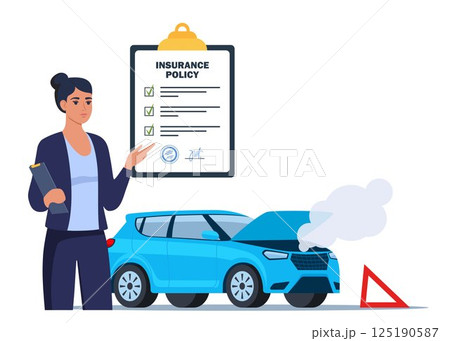 Car insurance coverage concept. Damaged vehicle, insurance police, insurance agent character. Car breakdown on the road. Automobile protection, security, safety. Vector illustration. Car insurance coverage concept. Damaged vehicle, insurance police, insurance agent character. Car breakdown on the road. Automobile protection, security, safety. Vector illustration. 125190587
