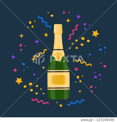 Champagnes party elements. Champagne bottle explosion, serpentine ribbons, confetti and glasses with sparkling wine. Vector illustration. 125190589