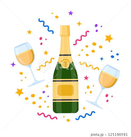 Champagnes party elements. Champagne bottle explosion, serpentine ribbons, confetti and glasses with sparkling wine. Vector illustration. Champagnes party elements. Champagne bottle explosion, serpentine ribbons, confetti and glasses with sparkling wine. Vector illustration. 125190591