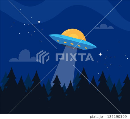 Flying saucer in flat design with forest on starry night background. Vector illustration. 125190599