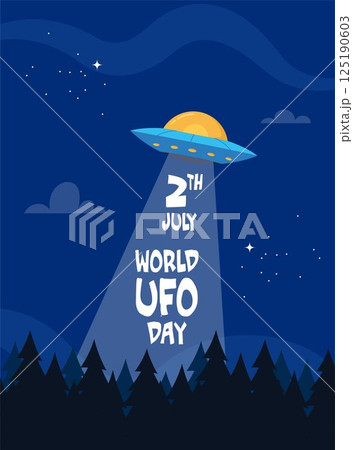 World UFO Day. Flying saucer in flat design with forest on starry night background. Vector illustration. World UFO Day. Flying saucer in flat design with forest on starry night background. Vector illustration. 125190603