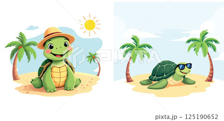 Vsai happy cartoon turtles enjoying summer vacation on tropical beach Vsai happy cartoon turtles enjoying summer vacation on tropical beach 125190652