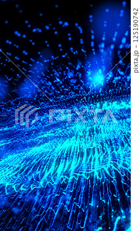 Exploding wave of luminous blue particles in motion against a dark background, resembling data streams or energy flows Exploding wave of luminous blue particles in motion against a dark background, resembling data streams or energy flows 125190742