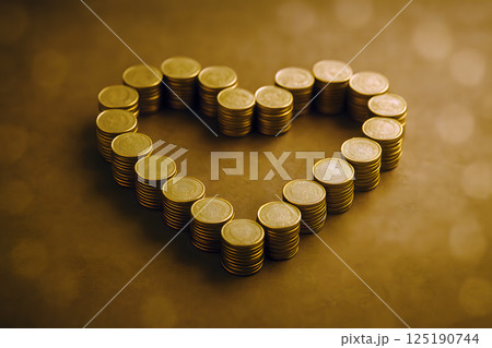 Heart of Coins: Golden coins arranged in the shape of a heart. Heart of Coins: Golden coins arranged in the shape of a heart. 125190744