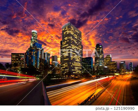 Downtown LA night Los Angeles sunset skyline California Downtown LA night Los Angeles sunset skyline California 125190990