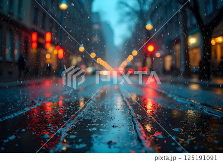 Rain-Soaked Street Reflecting Vibrant City Lights Rain-Soaked Street Reflecting Vibrant City Lights 125191091