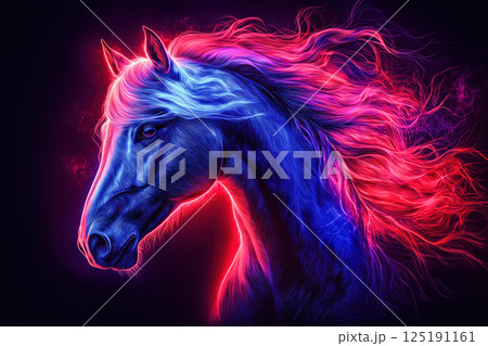 Neon horse portrait with glowing mane Neon horse portrait with glowing mane 125191161
