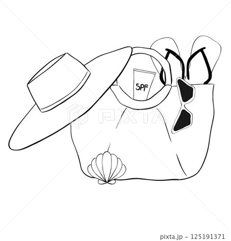 Bag with beach accessories flip flops, sunglasses, SPF cream, hat, seashell. Vector graphic line ink composition For vacation poster, beach party invitation, ad, sale promotion, print for t-shirt 125191371