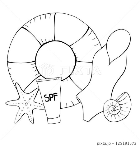 Swimsuit, starfish, seashell, SPF cream composition. Vector graphic line ink Tourist symbols and attributes for relaxing on the beach isolated on a white background for package, cosmetic, textile 125191372