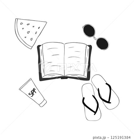 Summer beach vacation set. Book, watermelon slice, flip flops, sunglasses, SPF cream composition. Vector graphic line ink black and white coloring page. For logo, web, package, sticker. 125191384