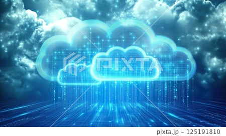Futuristic digital cloud technology with neon lights and data streams. 125191810