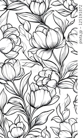 Elegant black and white floral pattern with intricate line art design. 125191872