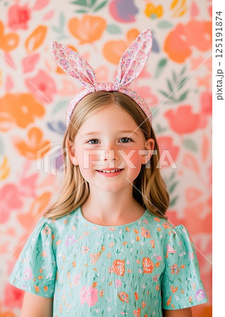 Smiling caucasian female child with bunny ears headband and floral dress. 125191874