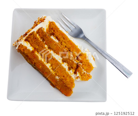 Small triangular piece of carrot cake is on plate Small triangular piece of carrot cake is on plate 125192512