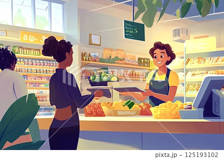 Cashier scanning groceries at checkout counter in supermarket Cashier scanning groceries at checkout counter in supermarket 125193102