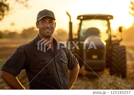 Portrait of smiling farmer standing in field with tractor at sunset 125193257