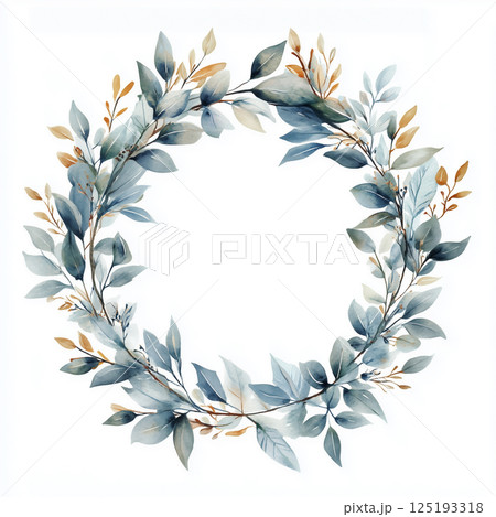 ブルーグリーンの葉が彩る水彩リースイラスト ブルーグリーンの葉が彩る水彩リースイラスト 125193318
